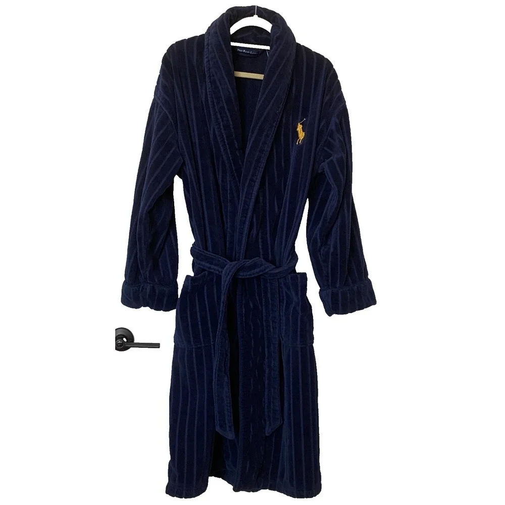 Vtg Polo Ralph Lauren Men's Robe ~ Navy Ribbed Terry Velour Stripe Bathrobe O/S